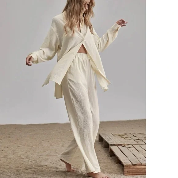Shirt Pants 2 PC SET wide leg loose button collar spring summer womens cream - Picture 12 of 13
